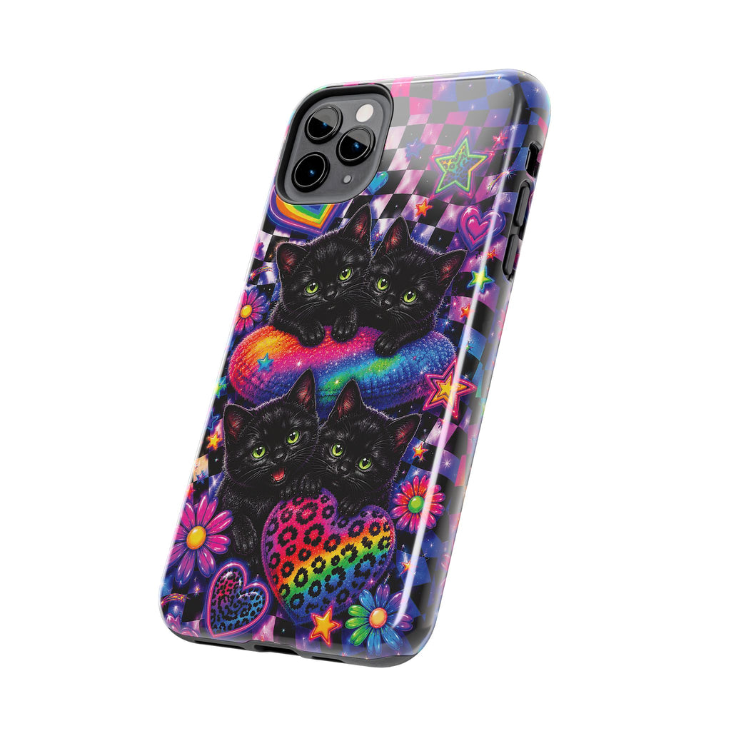 Cute 90's Retro Black Cats Phone Case | Neon Flowers, Checkerboard Design Iphone Samsung Phone Case