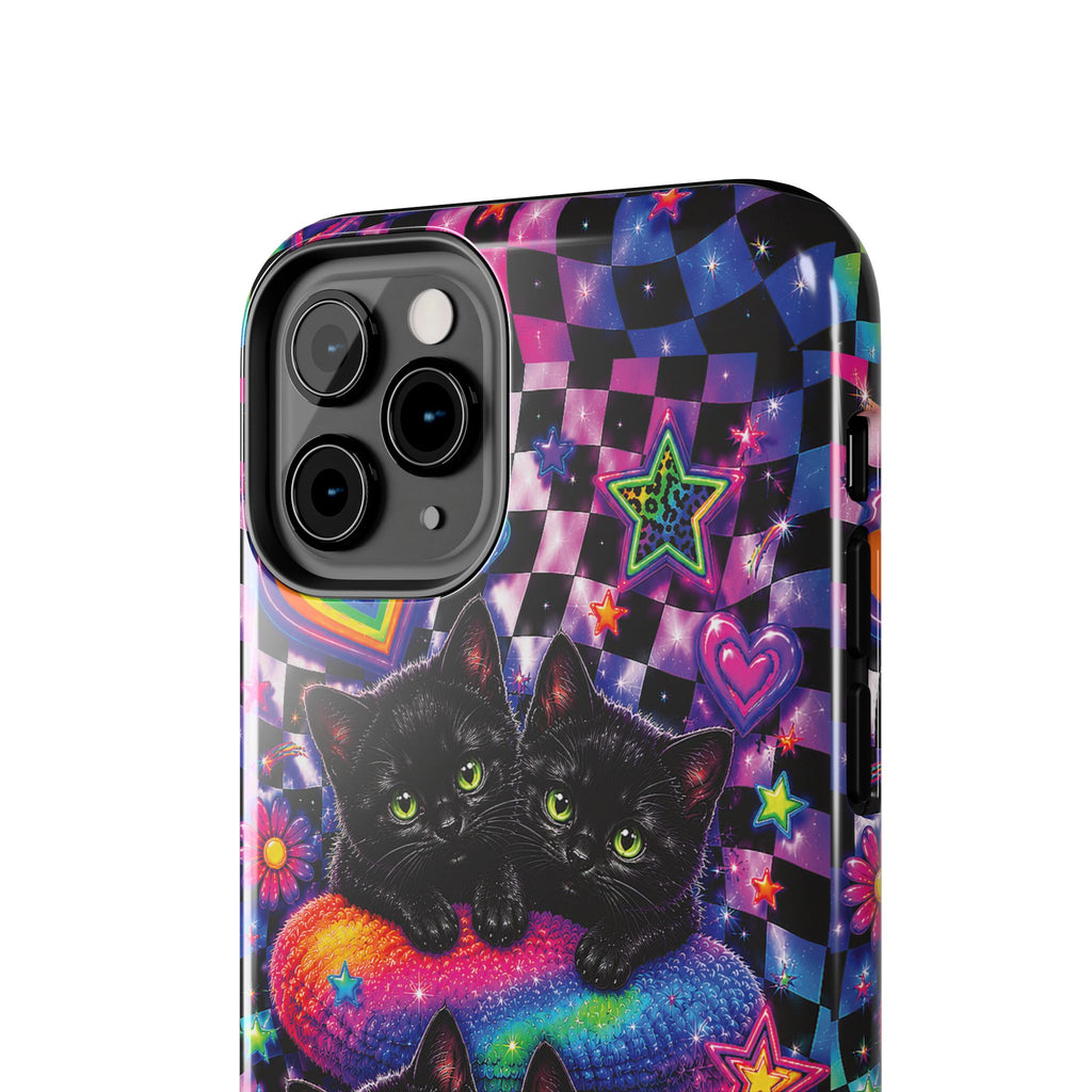 Cute 90's Retro Black Cats Phone Case | Neon Flowers, Checkerboard Design Iphone Samsung Phone Case